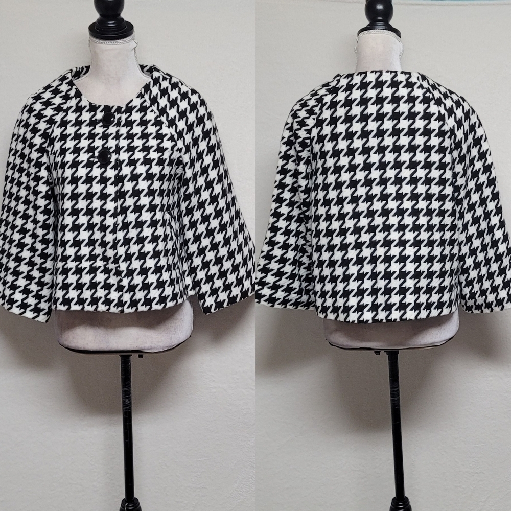 Vintage Black White Houndstooth Knit Flare Sleeve Cropped Capelet Jacket Small